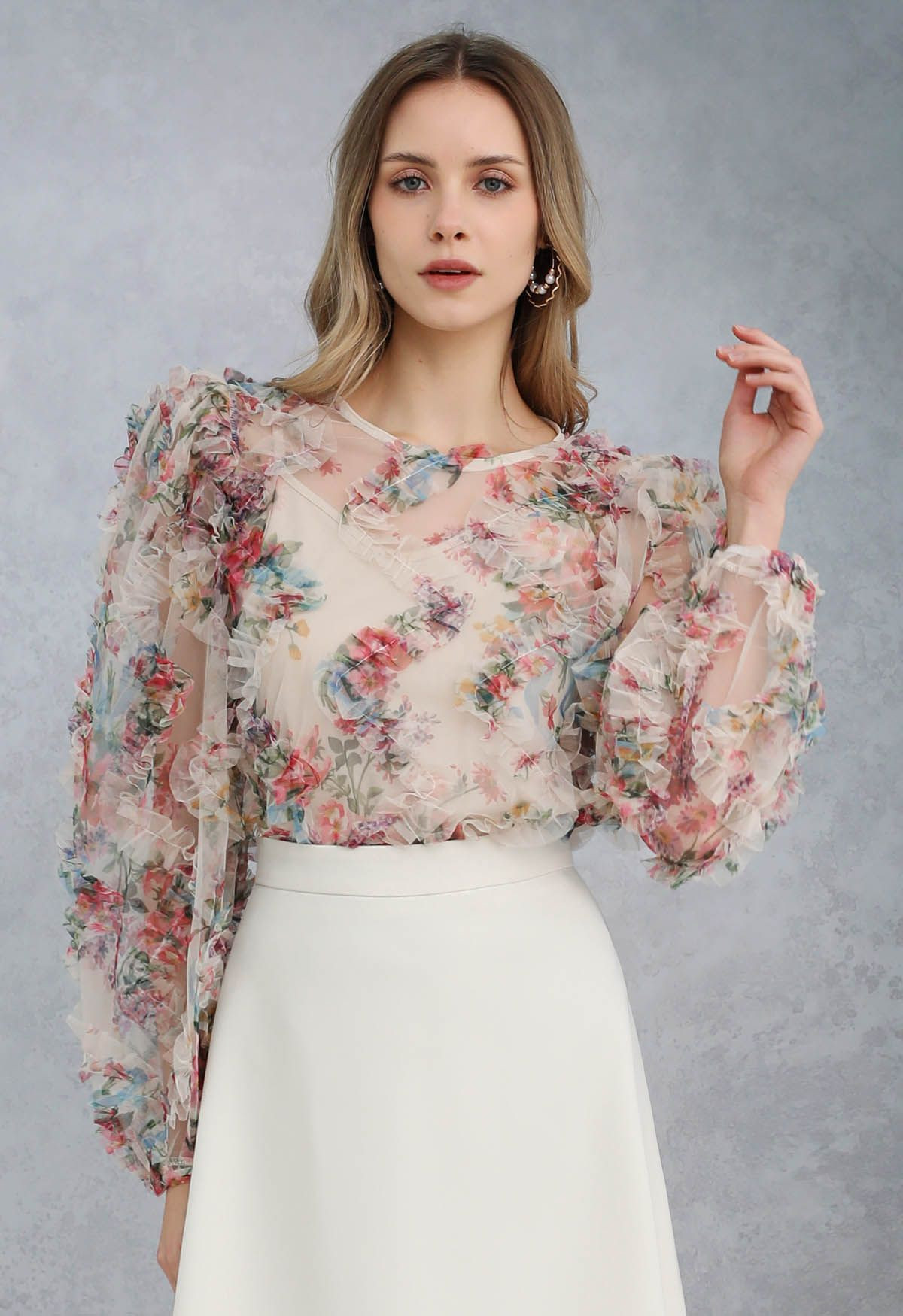 Fairy Dream Floral Ruffle Mesh Top in Cream | Chicwish