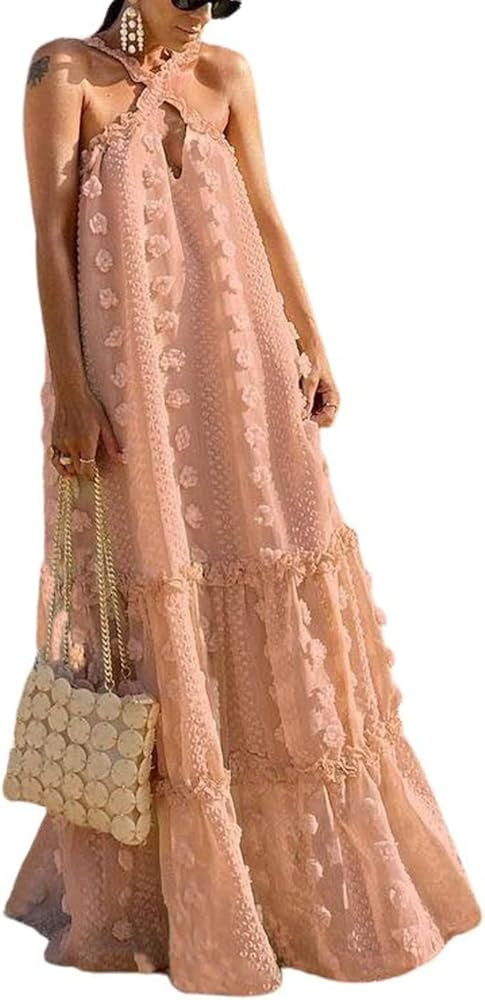 CHARTOU Women's Summer Crossover Halter Neck 3D Posy Floral Tiered Swing Maxi Long Dress | Amazon (US)