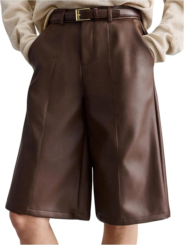OYOANGLE Women's PU Leather Bermuda Shorts Zipper Fly Business Casual Wide Leg Knee Length Shorts... | Amazon (US)