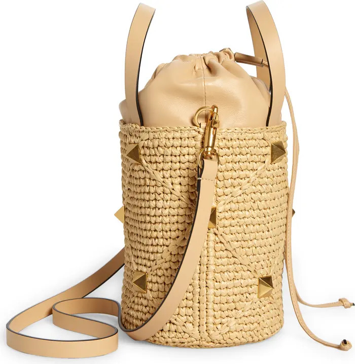 Valentino Garavani Roman Stud Woven Raffia & Leather Bucket Bag | Nordstrom | Nordstrom