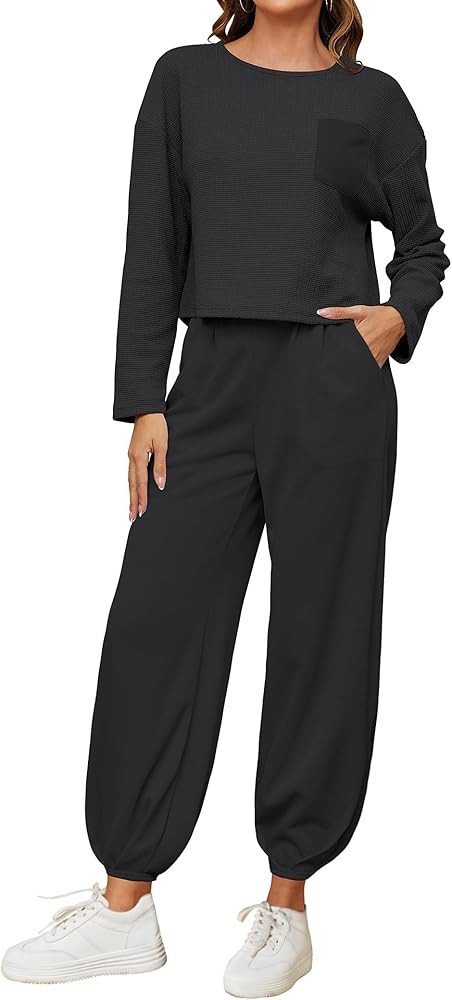 ROYLAMP Women's 2 Piece Outfits knit Loose Cropped Pullover Tops and High Waisted Pants Tracksuit... | Amazon (US)