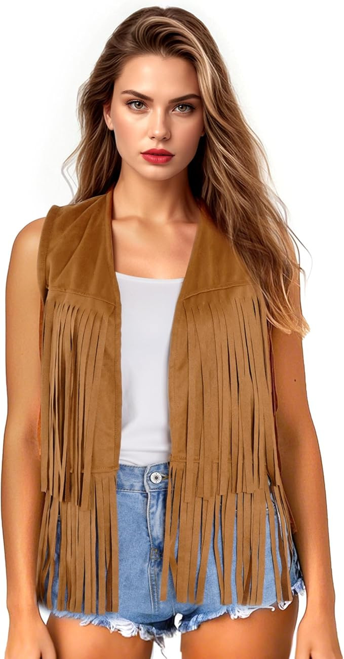 Womens Tassel Fringe Vest Sleeveless Western Cowgirl Vest 70s Costume Tops Hippie Jacket for Hall... | Amazon (US)