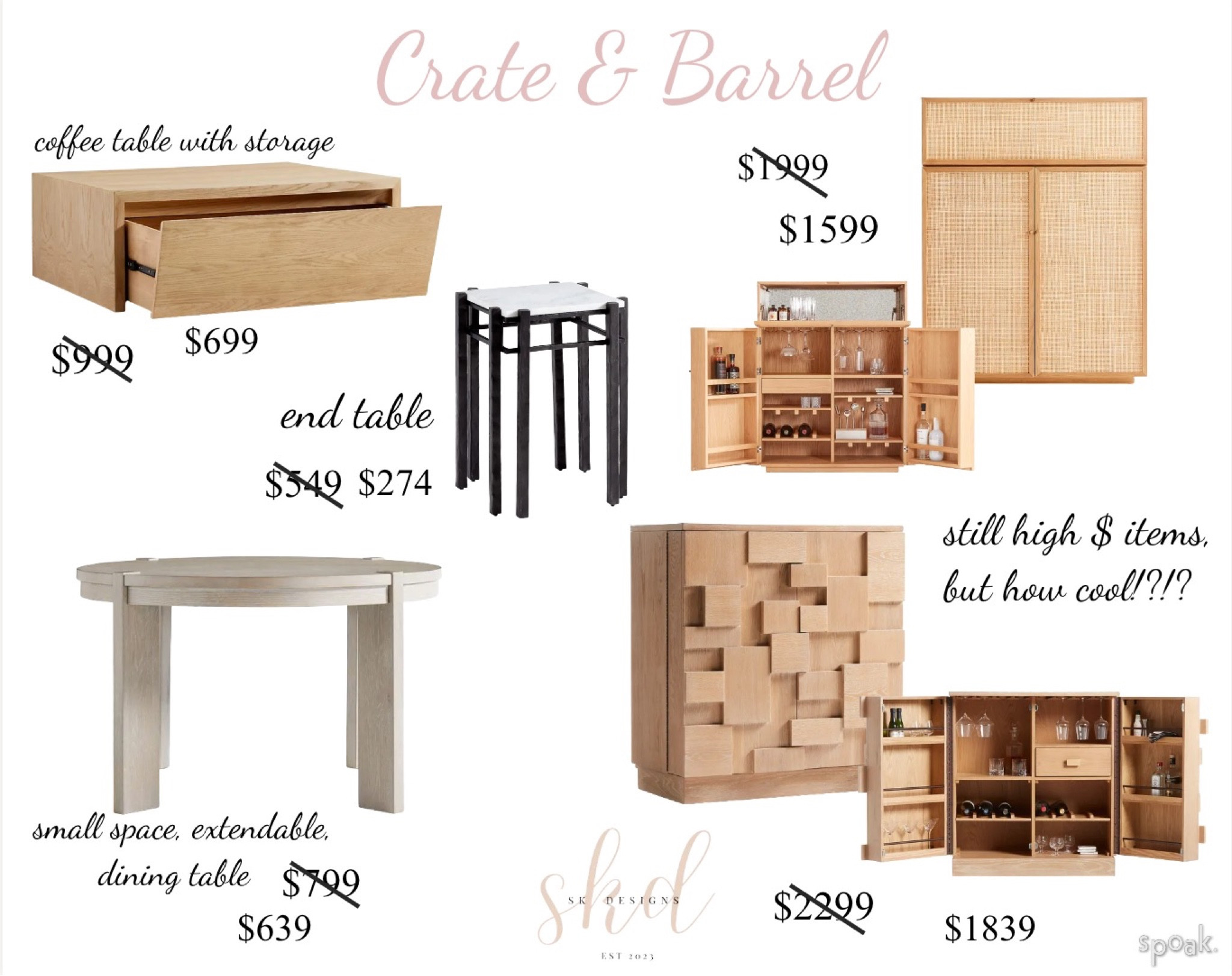 Crate & Barrel sale faves!! How insanely gorgeous are these pieces 🤯 

coffee table with storage, round dining table, bar cabinet, marble end table 

#LTKhome #LTKsalealert