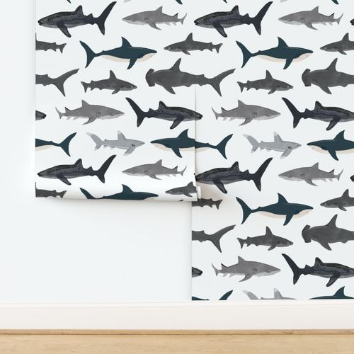 shark // sharks nautical boys white background kids ocean sea tiger shark hammerhead shark fabric | Spoonflower