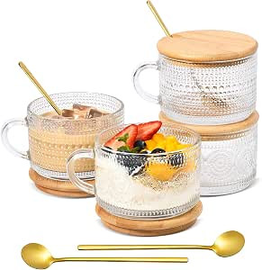 TIMIFTE Vintage Coffee Mugs Set of 4 Embossed Tea Cups, Overnight Oats Containers with Bamboo Lid... | Amazon (US)