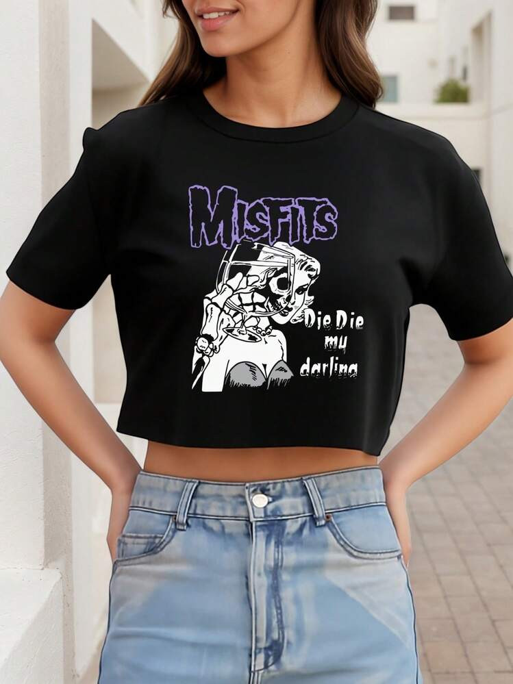 Women's Misfits Band Graphic Crop Tee Shirt Exposed Navel T-Shirt , Women's New Summer Casual Cre... | SHEIN
