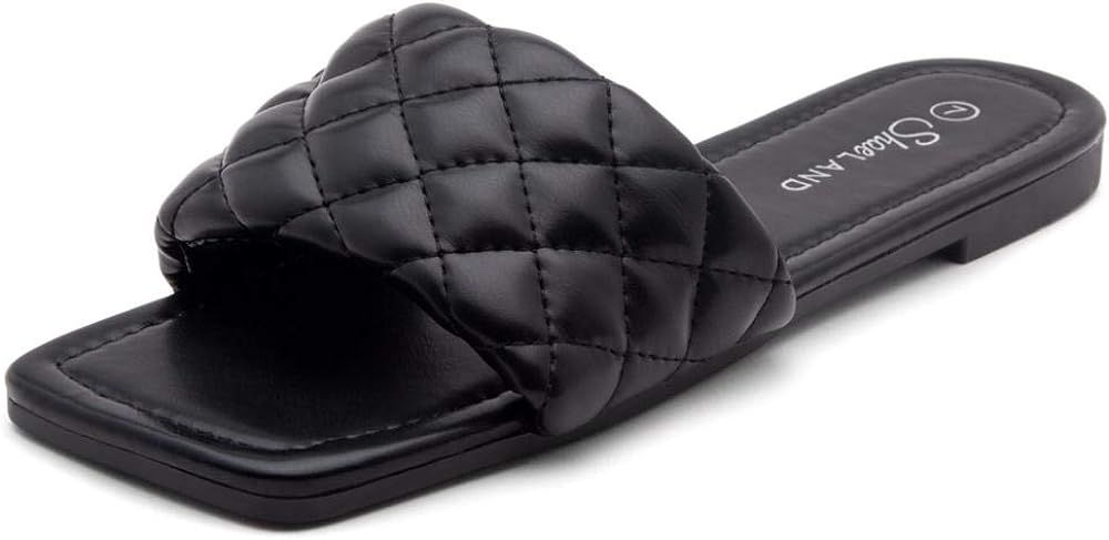 Shoe Land Anisha Women's Square Open Toe Slides Cute Quilted Single Band Slip on Flat Sandals | Amazon (US)