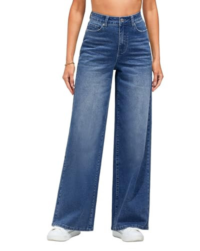 LookbookStore Wide Leg High Waist Womens Jeans - High Waisted Wide Leg Jeans for Women - Loose Baggy Nightfall Blue Size XX-Large Fits US Size 20 - 22 | Amazon (US)