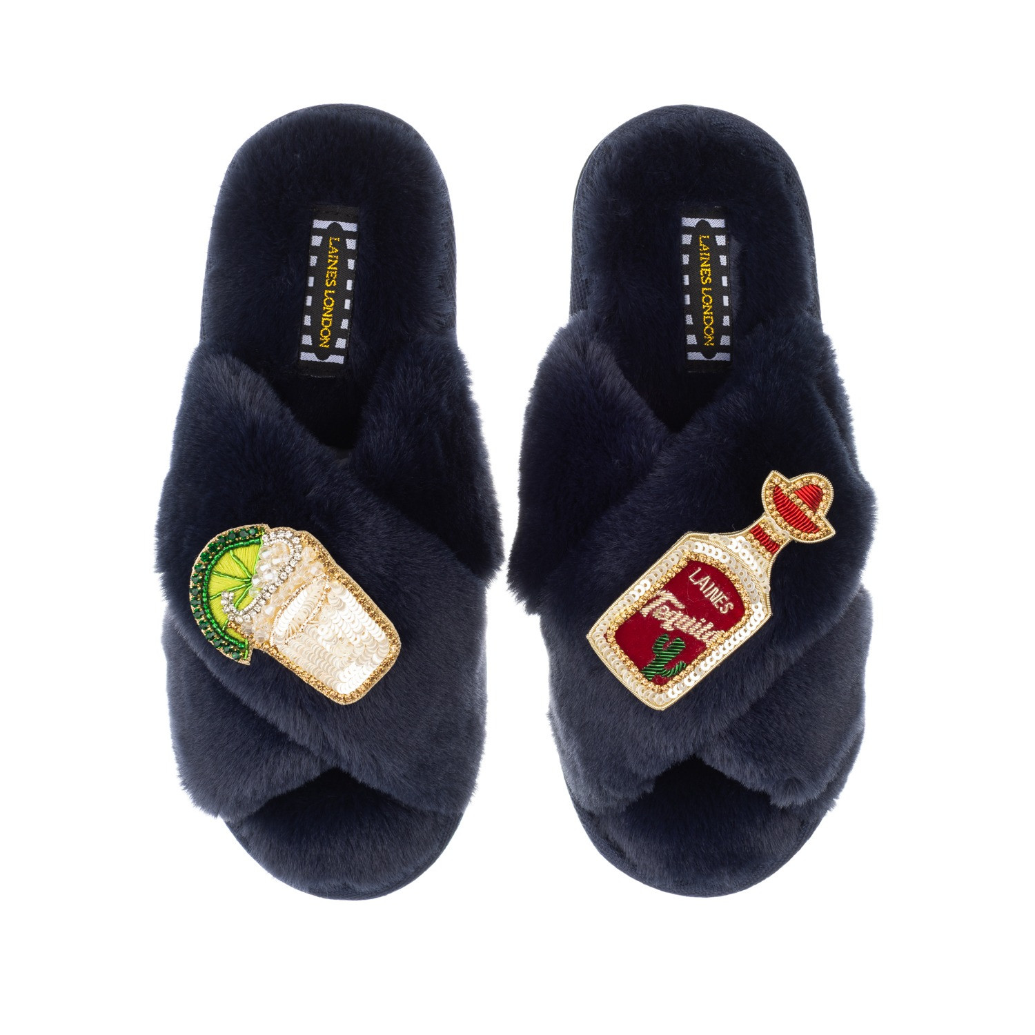 Classic Laines Slippers With Tequila Slammer Brooches - Navy | Wolf & Badger (US)