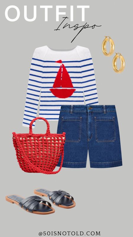 Outfit Inspo | Nautical Outfit | Red Crochet Handbag | Summer Outfit | Denim Shorts for Women 

#LTKOver40 #LTKShoeCrush #LTKStyleTip