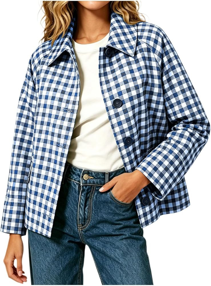 Jacket for Women Gingham Collar Button Down Shacket Loose Coat Tops | Amazon (CA)