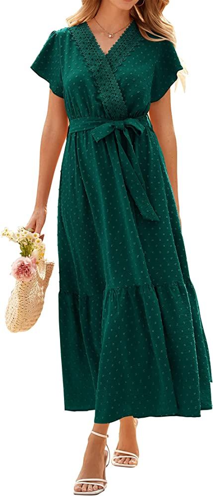 KIRUNDO 2023 Women's Casual Summer Dress Flutter Sleeve Lace Trim Wrap V Neck Belt High Waist Swi... | Amazon (US)