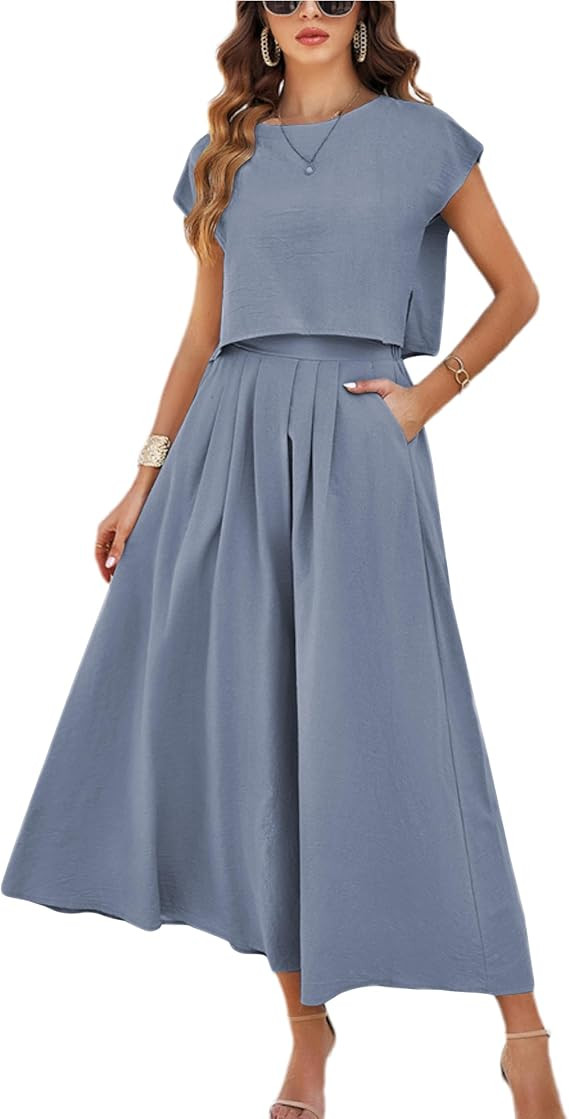 Mingzhu Womens 2 Piece Outfits Skirt Set Summer Casual Cap Sleeve Crop Tops Maxi Dress Sets with ... | Amazon (US)