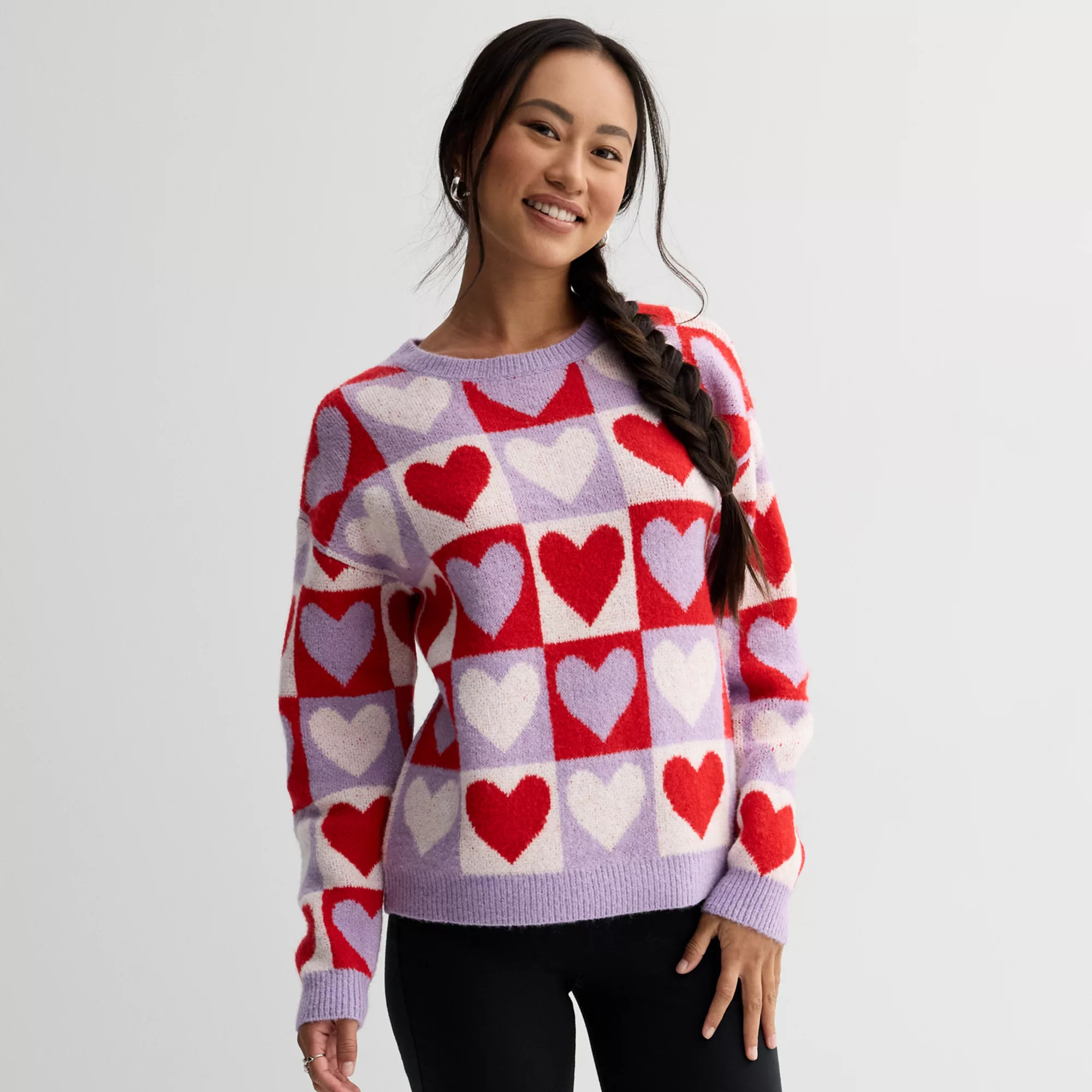 Juniors' FOREVER & EVER Long Sleeve Crewneck Checkered Hearts Pullover | Kohl's