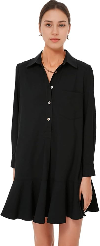 Haellun Women' s Button Down Shirt Mini Dress Tunic Long Sleeve Loose Fit Flowy Ruffle Hem Shift ... | Amazon (US)