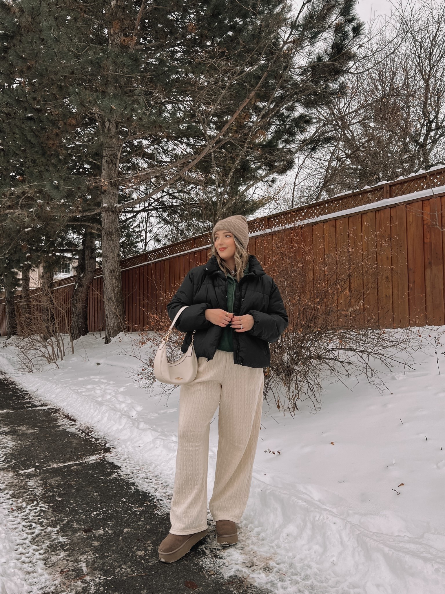Comfy casual winter errands outfit! Wearing my usual size L in the cream cable knit wide leg pants, white tee, dark green sweatshirt, and black puffer jacket. My Ugg style boots are Amazon and such good quality, I’m usually a 9.5-10 and wear a 10. Canadian puffer jacket link under “similar products"


#LTKwinter #LTKsale #LTKmidsize