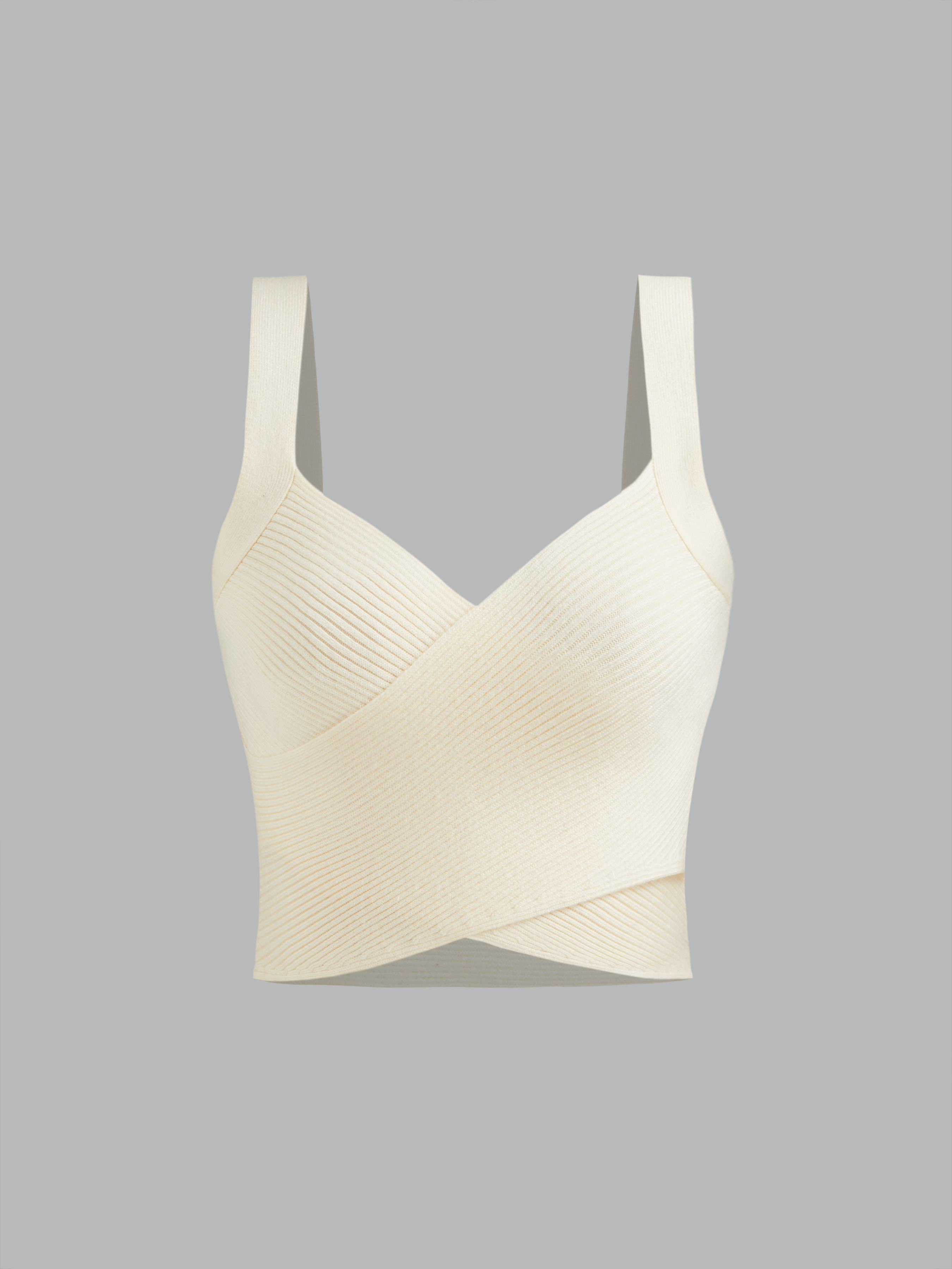 Knitted V-neck Solid Wrap Texture Crop Tank Top For Vacation | Cider