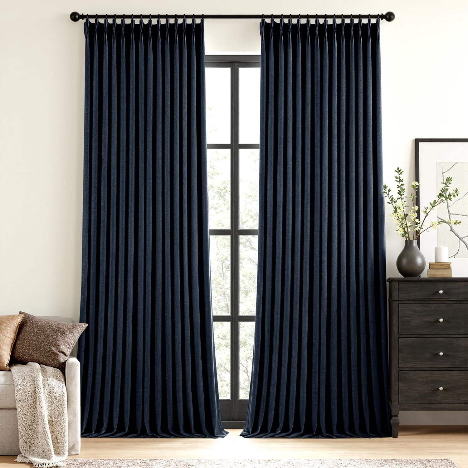 MIULEE Navy Blue Pinch Pleated 100% Blackout Linen Curtains for Bedroom, Room Darkening Memory Tr... | Amazon (US)
