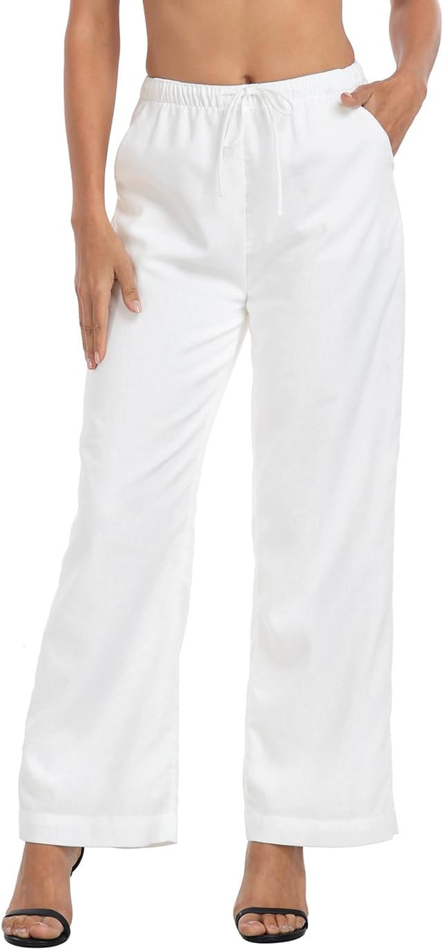 HDE Women's Linen Drawstring Pants Wide Leg Casual Palazzo Trouser with Pockets | Amazon (US)