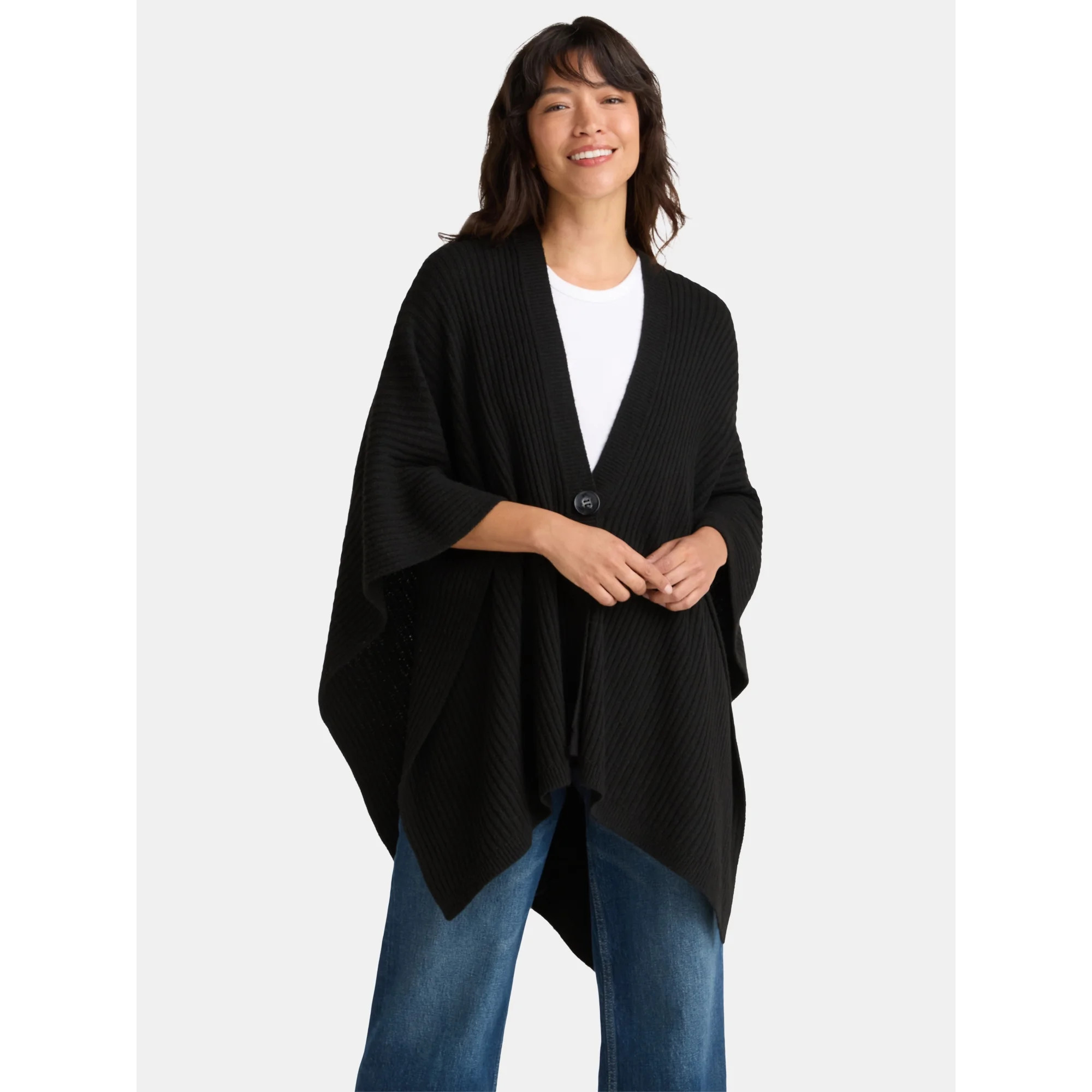 Time and Tru Women's Rib Knit Fashion Coverup with Button, One Size, Black | Walmart (US)