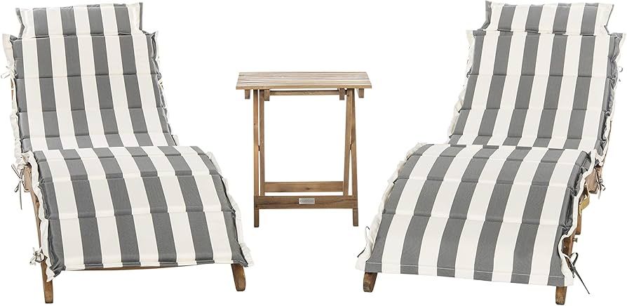 SAFAVIEH Outdoor Collection Pacifica Natural Brown Solid Wood/Grey & White Stripe Cushion 3-Piece... | Amazon (US)