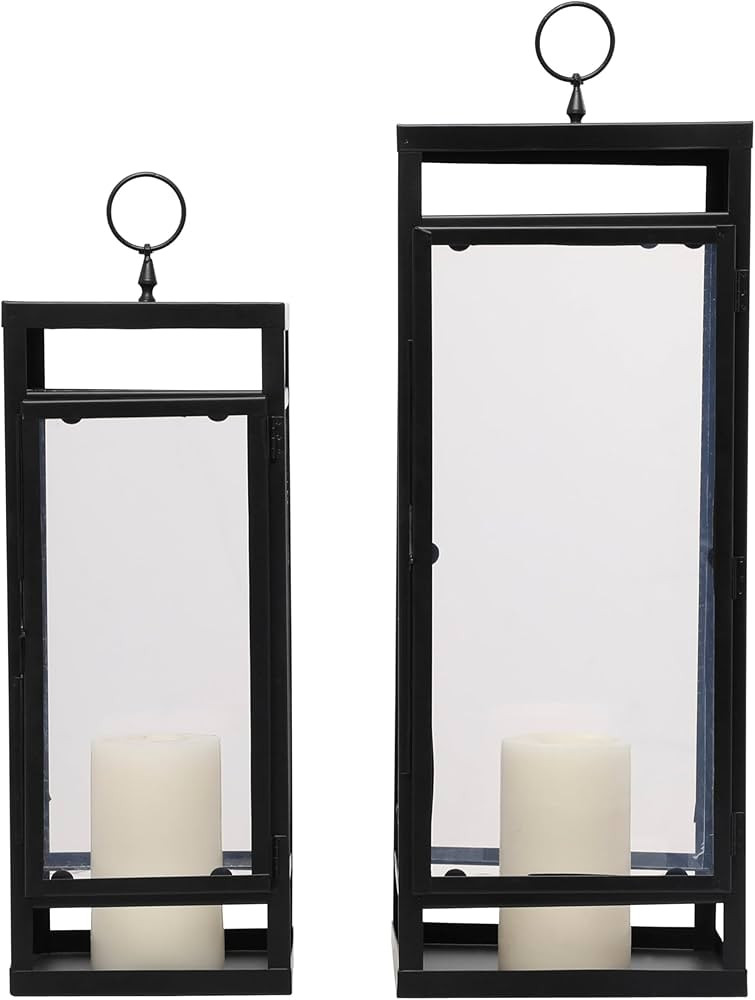 Black Metal Tall Minimalist Decorative Candle Lantern with Ring Handles (Set of 2) | Amazon (US)