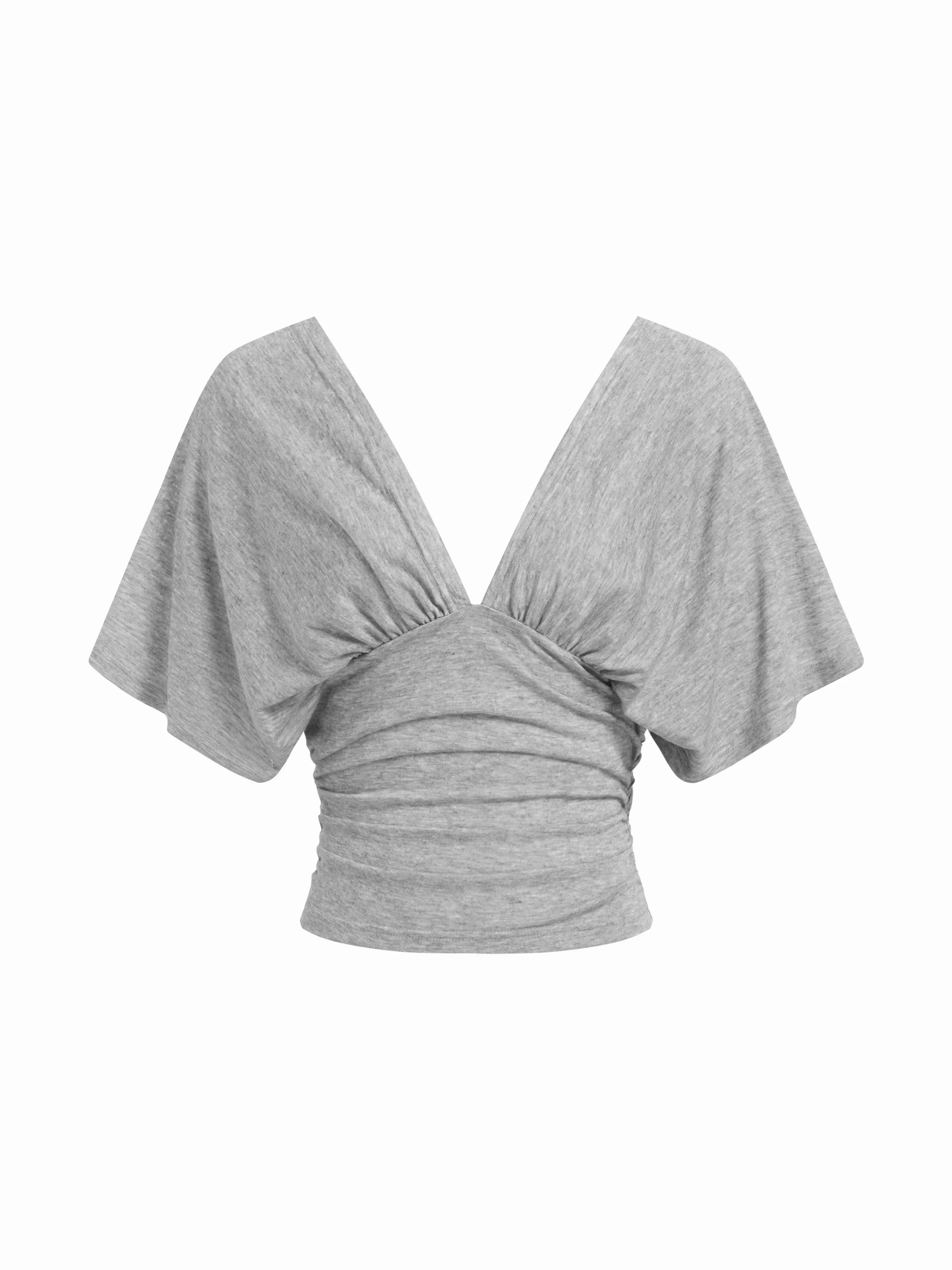 Knit Fabric  V-neck Batwing Sleeve Ruched Slim Tee For Daily Casual Date | Cider