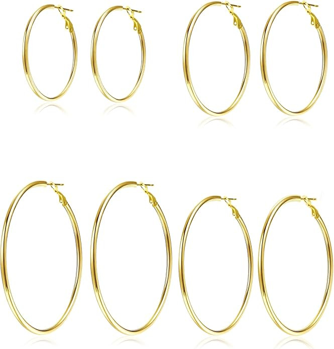 4 Pairs Silver Gold Hoop Earrings for Women 30/40/50/60 mm Stainless Steel 14K Gold Plated Hoop E... | Amazon (US)