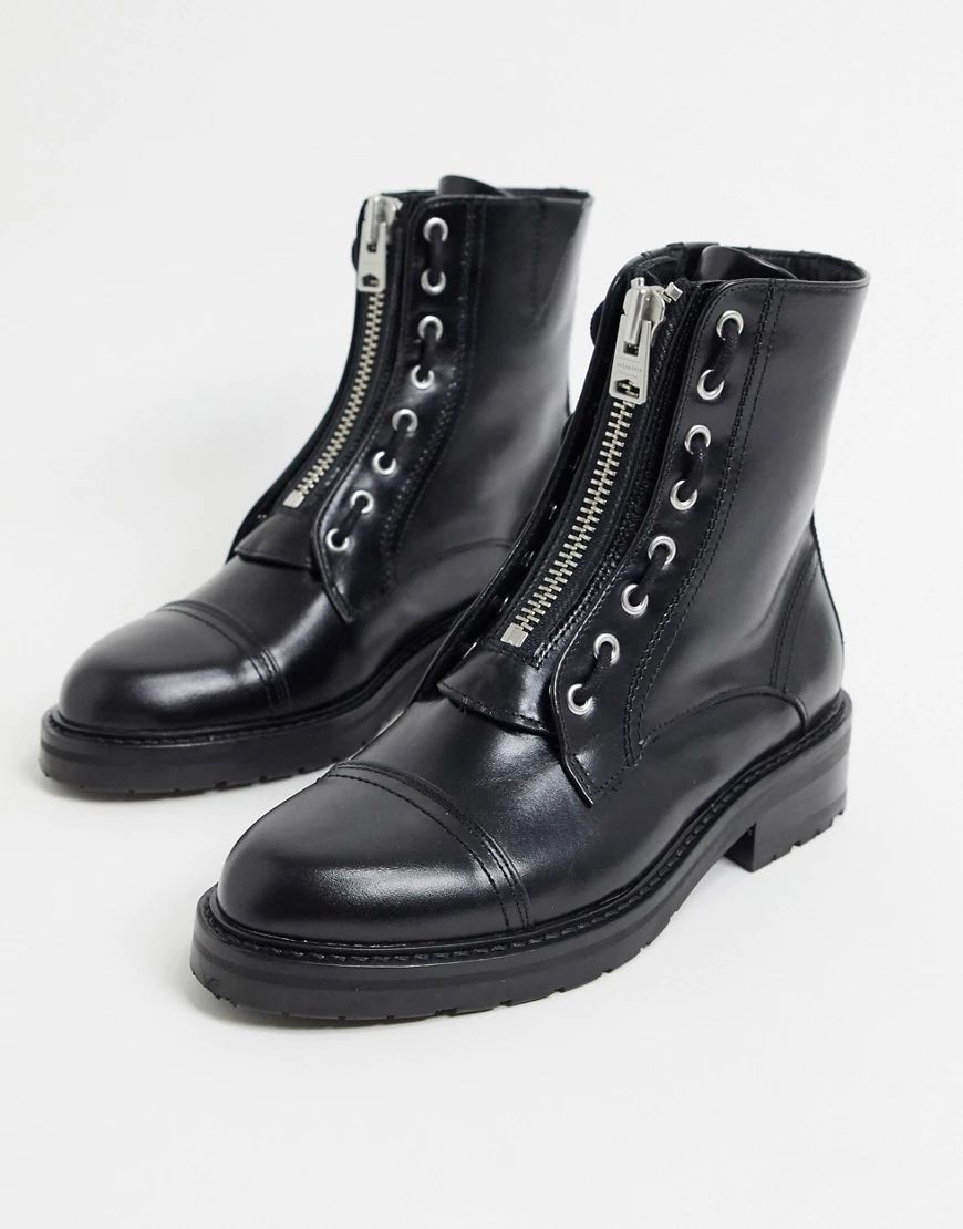 AllSaints ariel zip front lace up detail chunky leather boots in black | ASOS (Global)