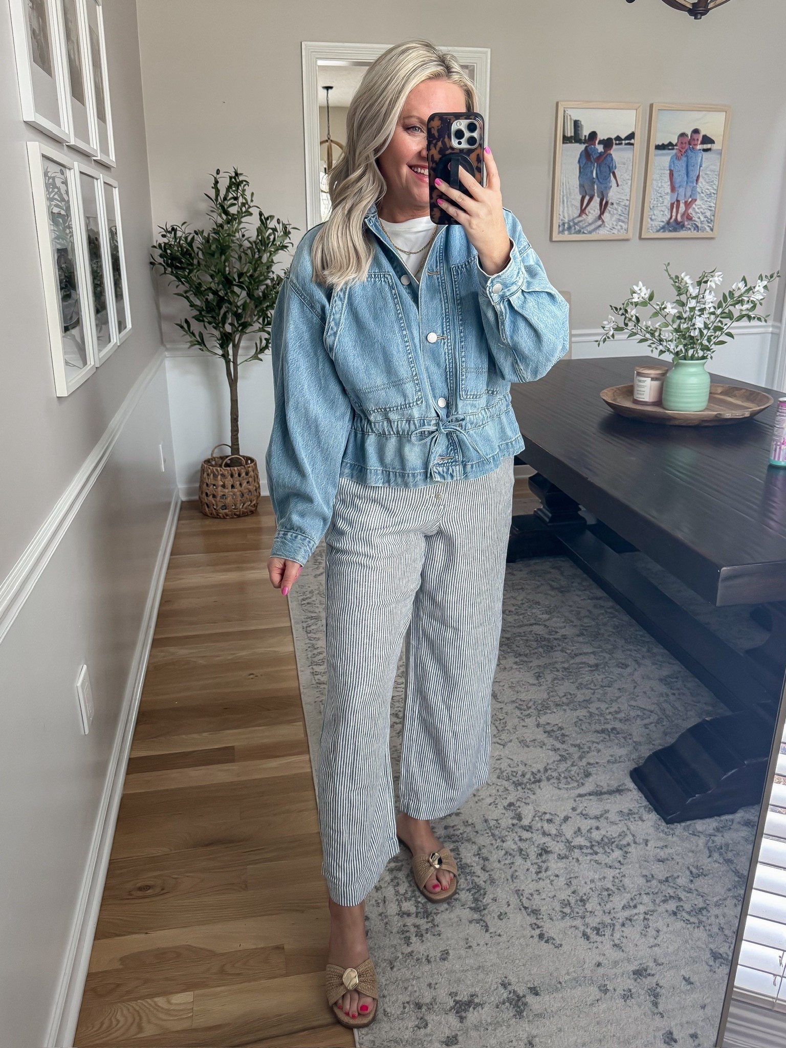 TRENDING! Such an easy, put together look that still feels relaxed. The denim jacket adds the perfect structure with that cinched waist detail, and these striped pants are lightweight and so flattering for spring and summer. Effortless, everyday style you’ll keep reaching for.

denim jacket outfit striped pants outfit casual spring outfit everyday style relaxed outfit ideas lightweight summer outfit easy casual look lovelylifestyling 

#LTKootd #LTKSeasonal #LTKOver40