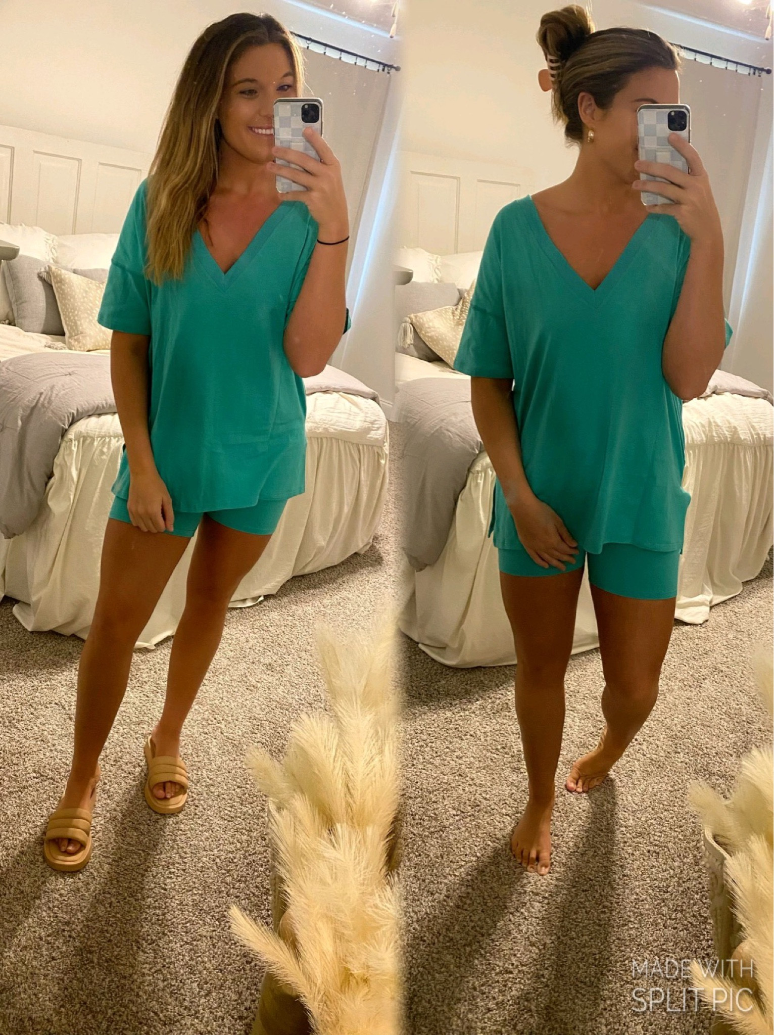 Loving this “Free People Hot Shot Reversible Set” dupe from Amazon! Super comfy and half the price of the FP one! This one comes in 17 colors! I am wearing the color “Bright Green”! Wearing a medium and fits true to size! Also linked the slides I have on! If you have a wide foot, I wouldn’t get these slides! I have a narrow foot and these are snug on me in width! 