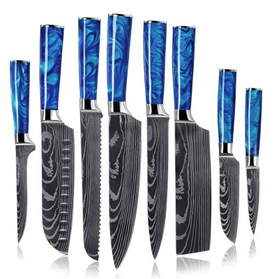 Senken Knives 8-Piece Japanese Kitchen Knife Set With Damascus Blade Pattern & Blue Resin Handles - Cerulean Collection Professional Chef Knife Set wi | Wayfair North America