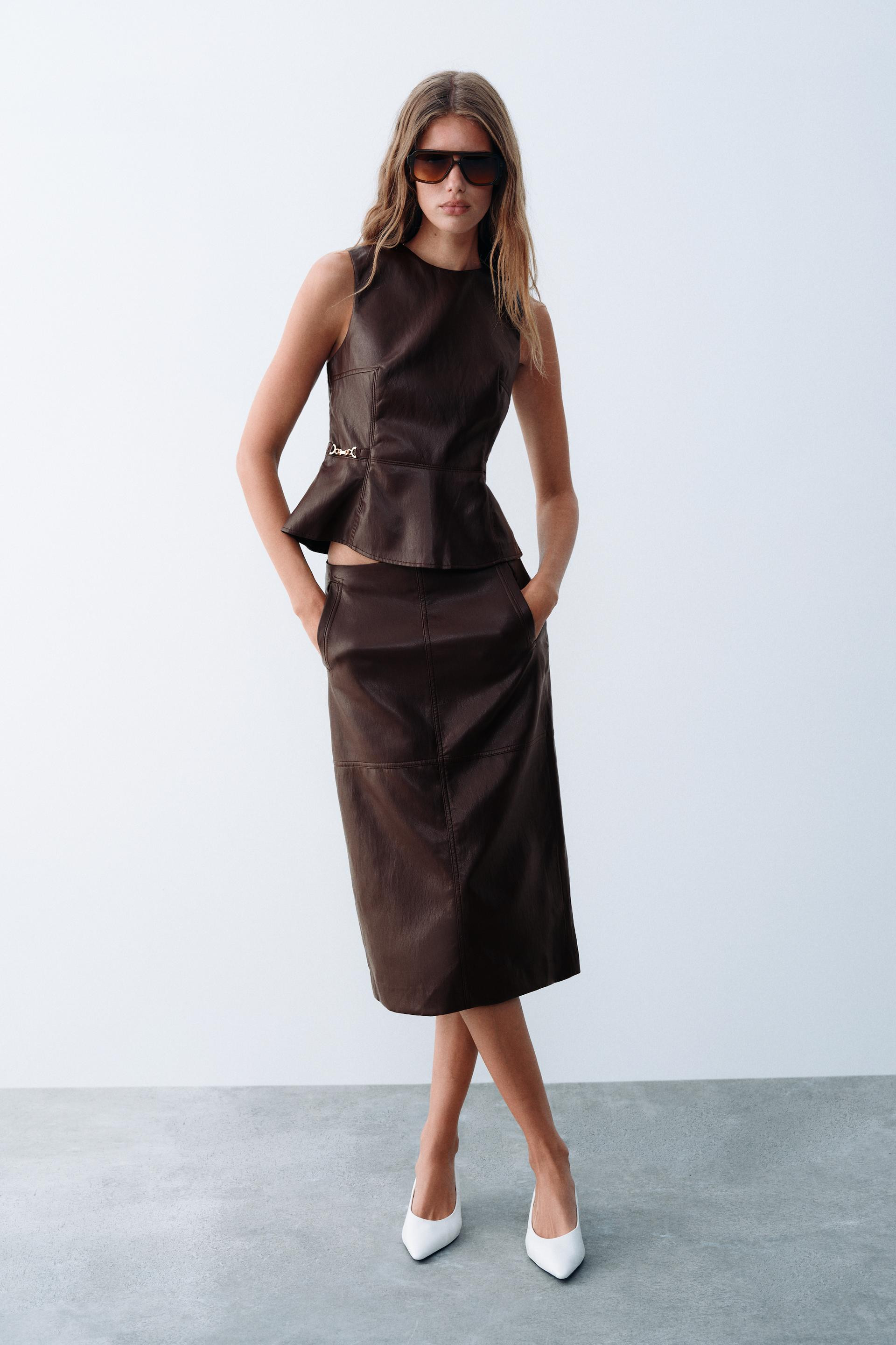 Zara - Midi Leather Effect Skirt - Burgundy - Xs - Woman | Zara UK