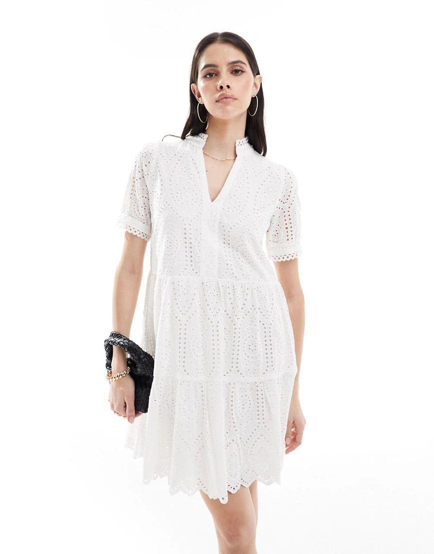 YAS v neck broderie mini dress in white | ASOS (Global)
