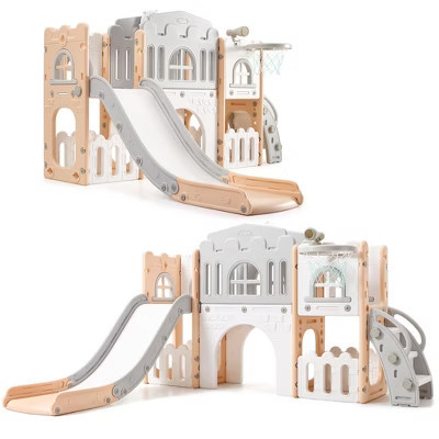Toddler Slide 8 In 1 Toddler Playset for Toddlers Age 1-3，Playground with Climber, Crawling Tunnel, Basketball Hoop, Telescope, Pink Gray | Target