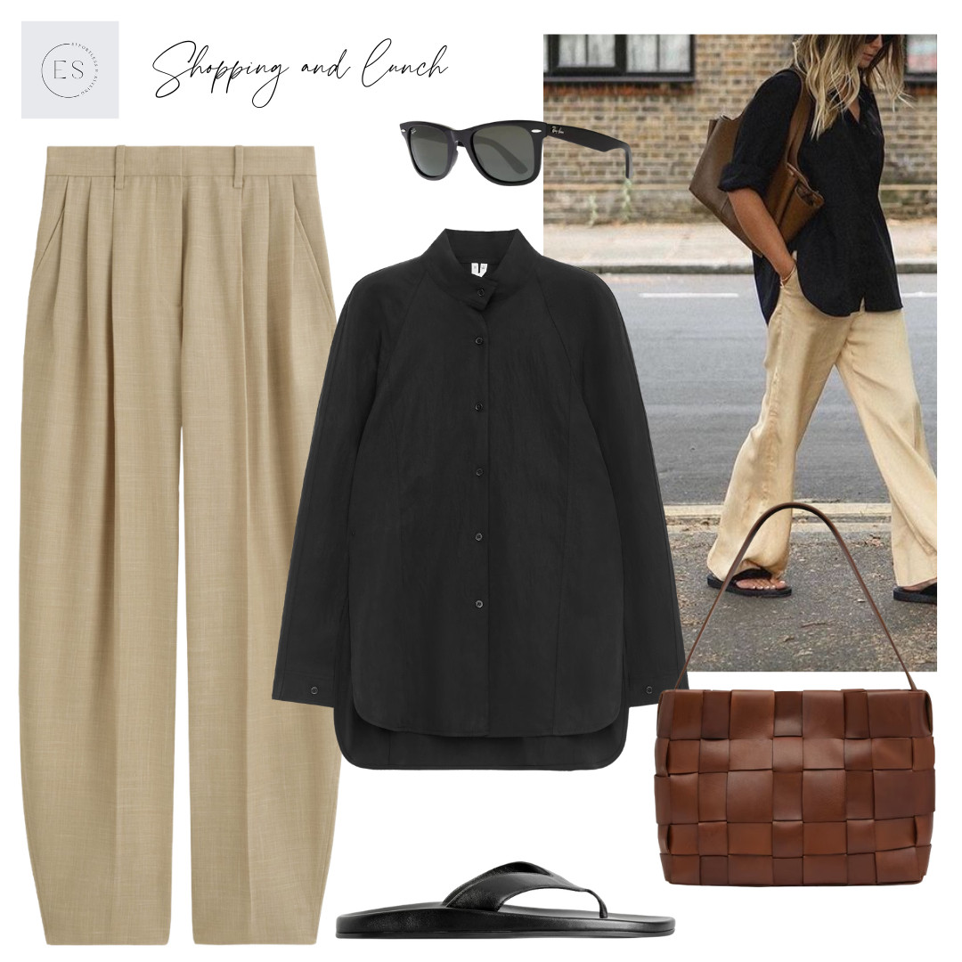 Smart casual Autumn outfit. 

Beige tulip trousers, black relaxed fit shirt, black leather sculpted flip flops, tan woven leather mini tote/ shoulder bag, black wayfarer sunglasses. 

 #LTKuk #LTKautumn #LTKstyletip