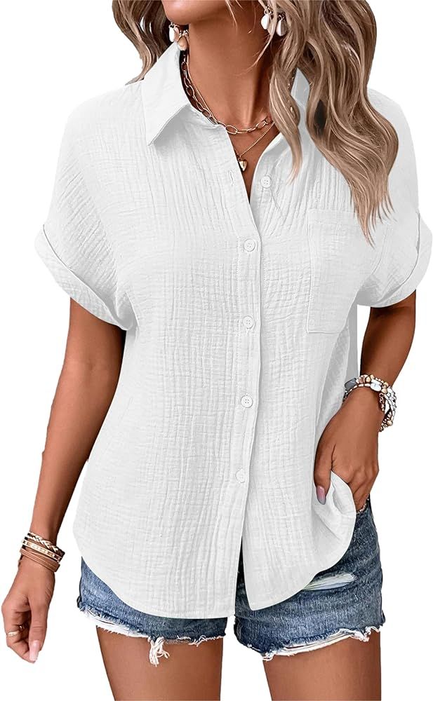 Zontroldy Women's Spring Summer Button Down Shirts Collared V Neck Short Sleeve Blouse Tops | Amazon (US)