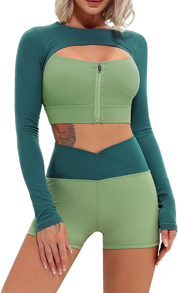 Amazon.com: Workout Outfits for Women 2 Piece YOga Sets Layered Look Long Sleeve Crop Tops and Wa... | Amazon (US)