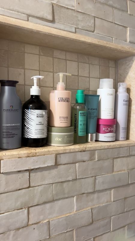 current shower lineup! 
purple shampoo, hair growth shampoo, dae hair mask, Colleen Rothschild conditioner, face wash, Ouai body wash, body exfoliant, shaving cream 

#LTKbeauty