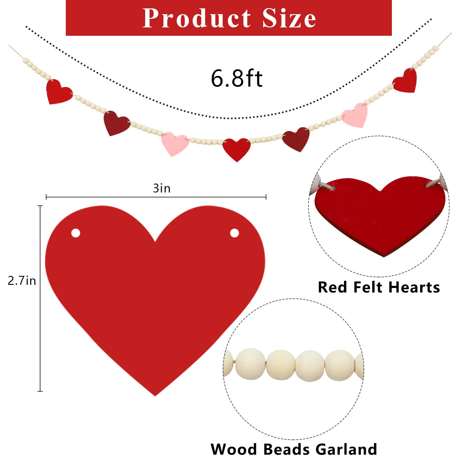 DAZONGE Valentines Day Decorations, Wood Bead Garland with Felt Hearts for Valentine Decor, Red a... | Amazon (US)