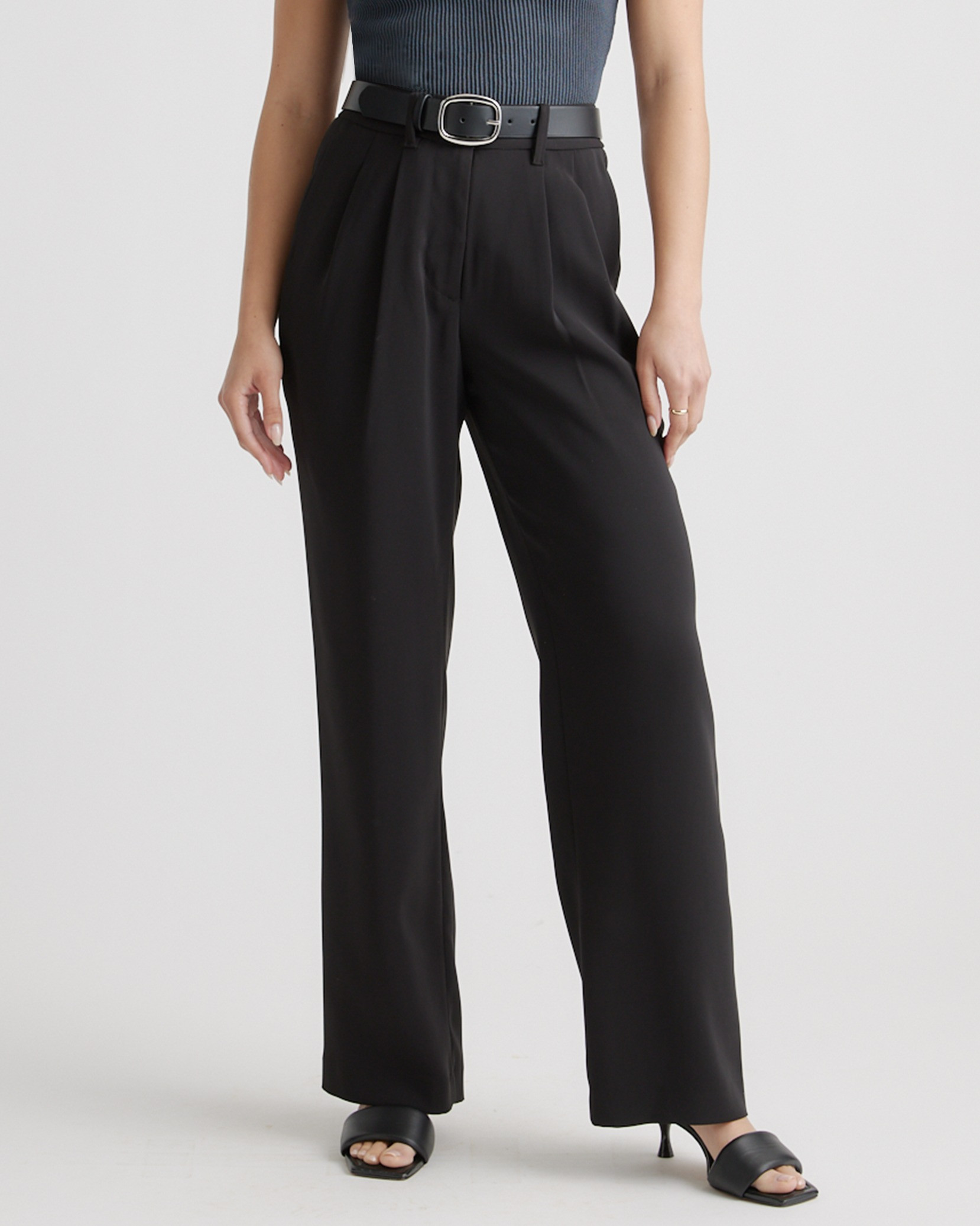 Quince | Women's Stretch Crepe Pleated Wide Leg Pants in Black, Size 14, Recycled Polyester | Quince