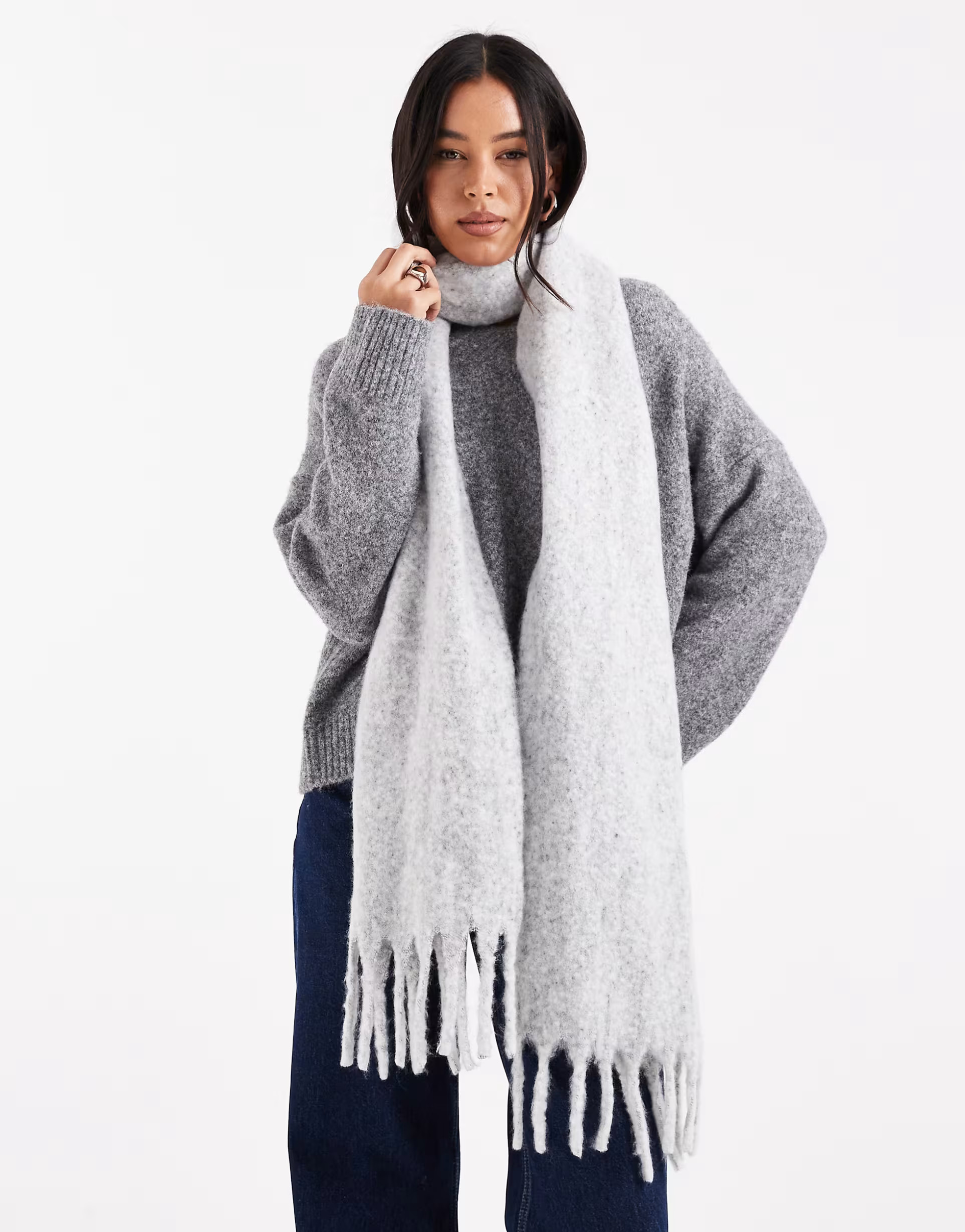 ASOS DESIGN fluffy tassel scarf in light gray heather | ASOS (Global)