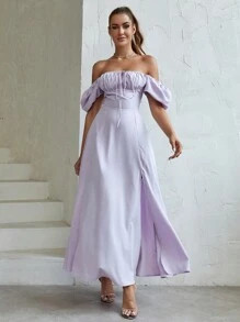 PARTHEA Off Shoulder Tie Front Split Thigh Dress | SHEIN