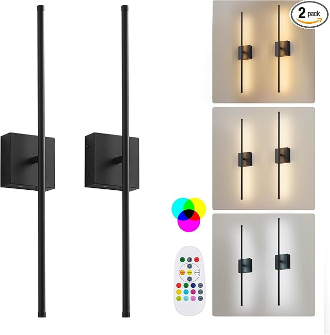 28.3 Inch 9 RGB Color Battery Operated Wireless Wall Sconces Set of Two, with Remote, Dimmable, W... | Amazon (US)