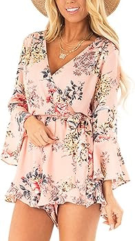 Relipop Women's Rompers Floral Print Wrap V Neck Flared Sleeve Elastic Tie Waist Jumpsuit | Amazon (US)