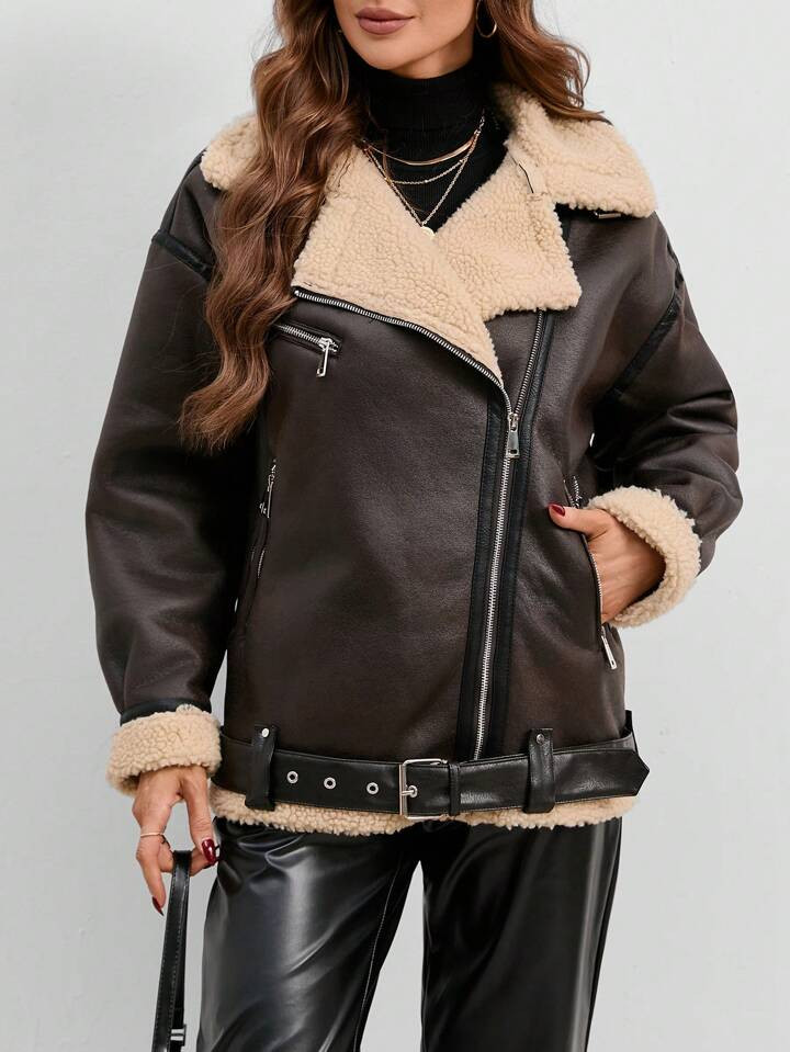 SHEIN Essnce Teddy Lined Belted PU Leather Moto Jacket | SHEIN