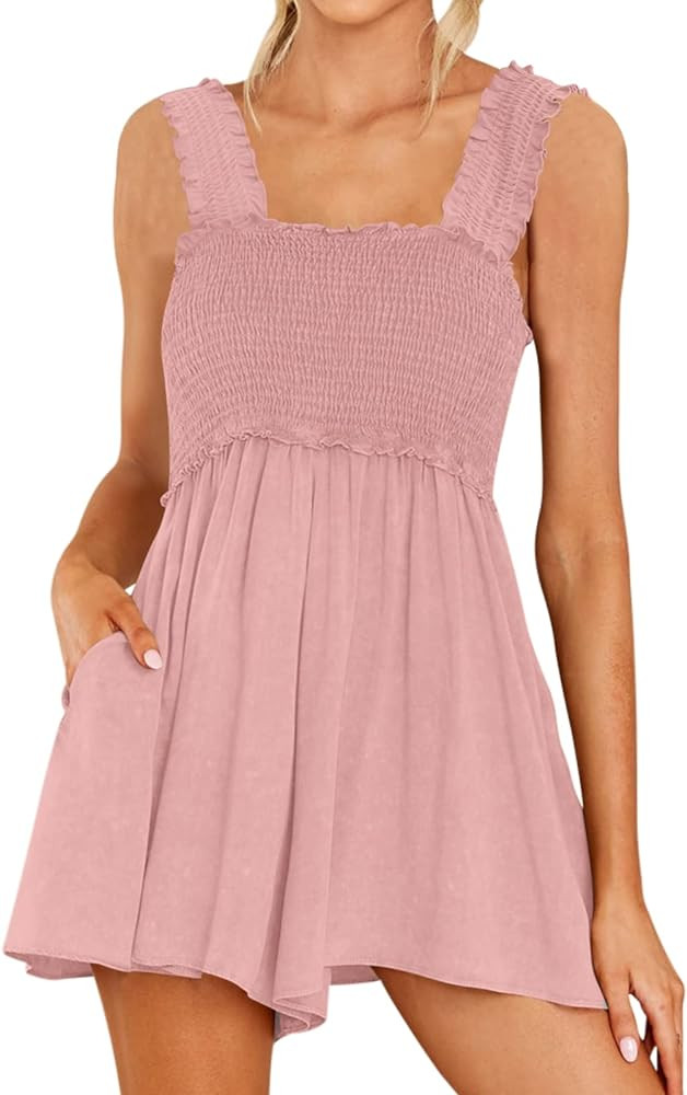 DEEP SELF Women Summer Sleeveless Romper Square Collar Ruffle Straps Flowy Short Jumpsuit with Po... | Amazon (US)