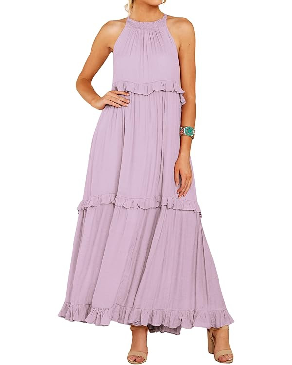 R.Vivimos Womens Summer Dress Cotton Sleeveless Halter Layered Ruffles Casual Boho Flowy Maxi Dre... | Amazon (US)