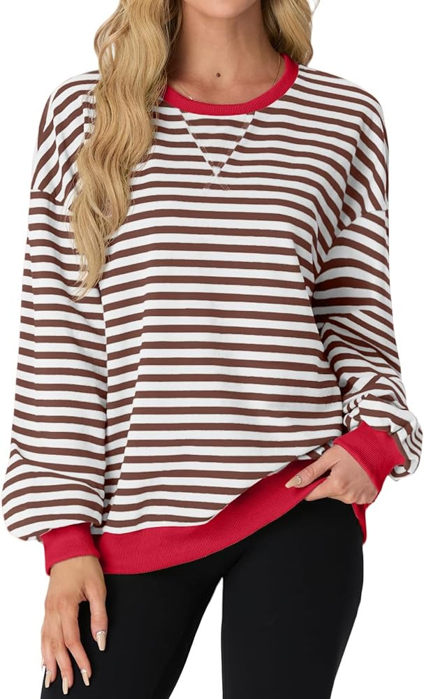 Women Sweatshirt Striped Crew Neck Oversized Long Sleeve Sweatshirt Color Block Loose Pullover | Amazon (US)
