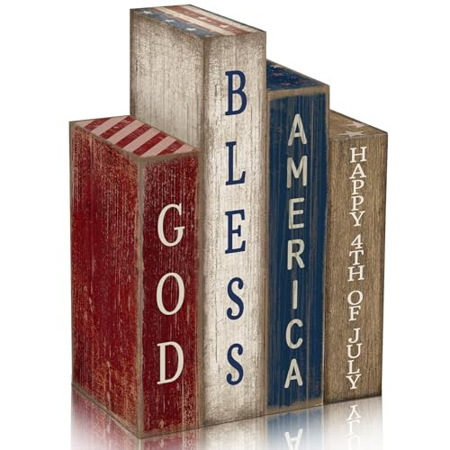 Lineshading 4 Pcs Patriotic Table Decorations Glod Bless American 4th of July Tiered Tray Decor 250th Anniversary Wooden Book Red White and Blue Memorial Day Centerpiece Decorations for Home Shelf | Amazon (US)